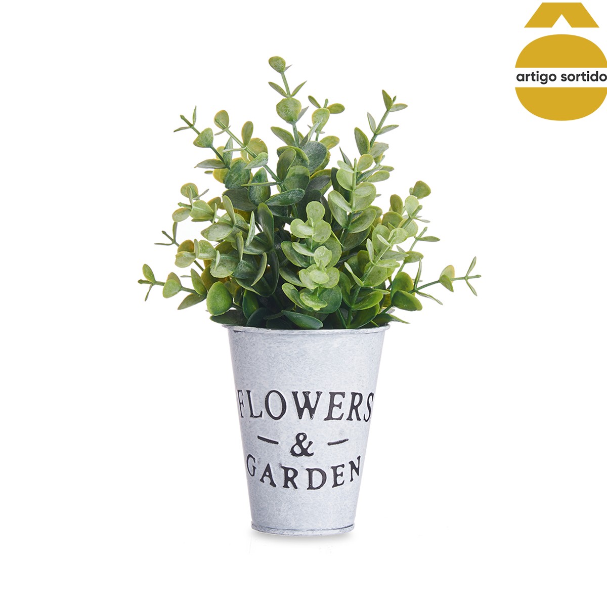 Vaso de metal com planta artificial verde 23cm