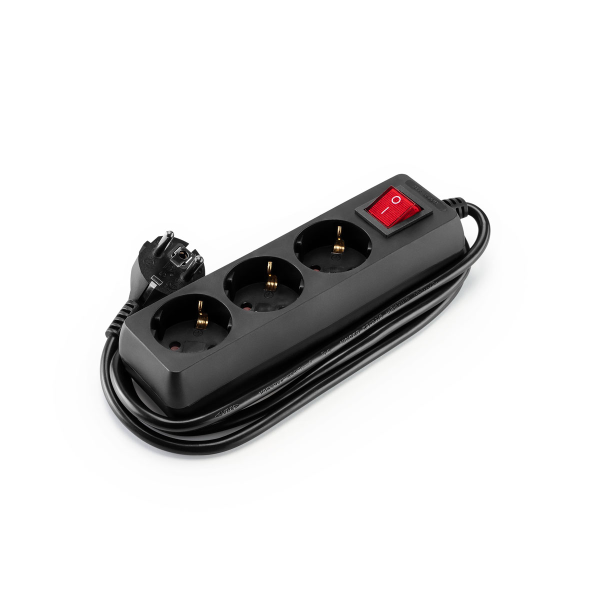 Extensão elétrica preta com 3 tomadas com interruptor,  Extensão elétrica preta com 3 tomadas com interruptor