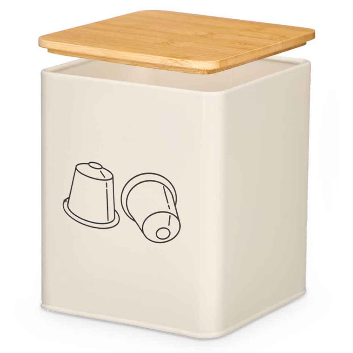 Lata para c&aacute;psulas de caf&eacute; creme com tampa de bambu