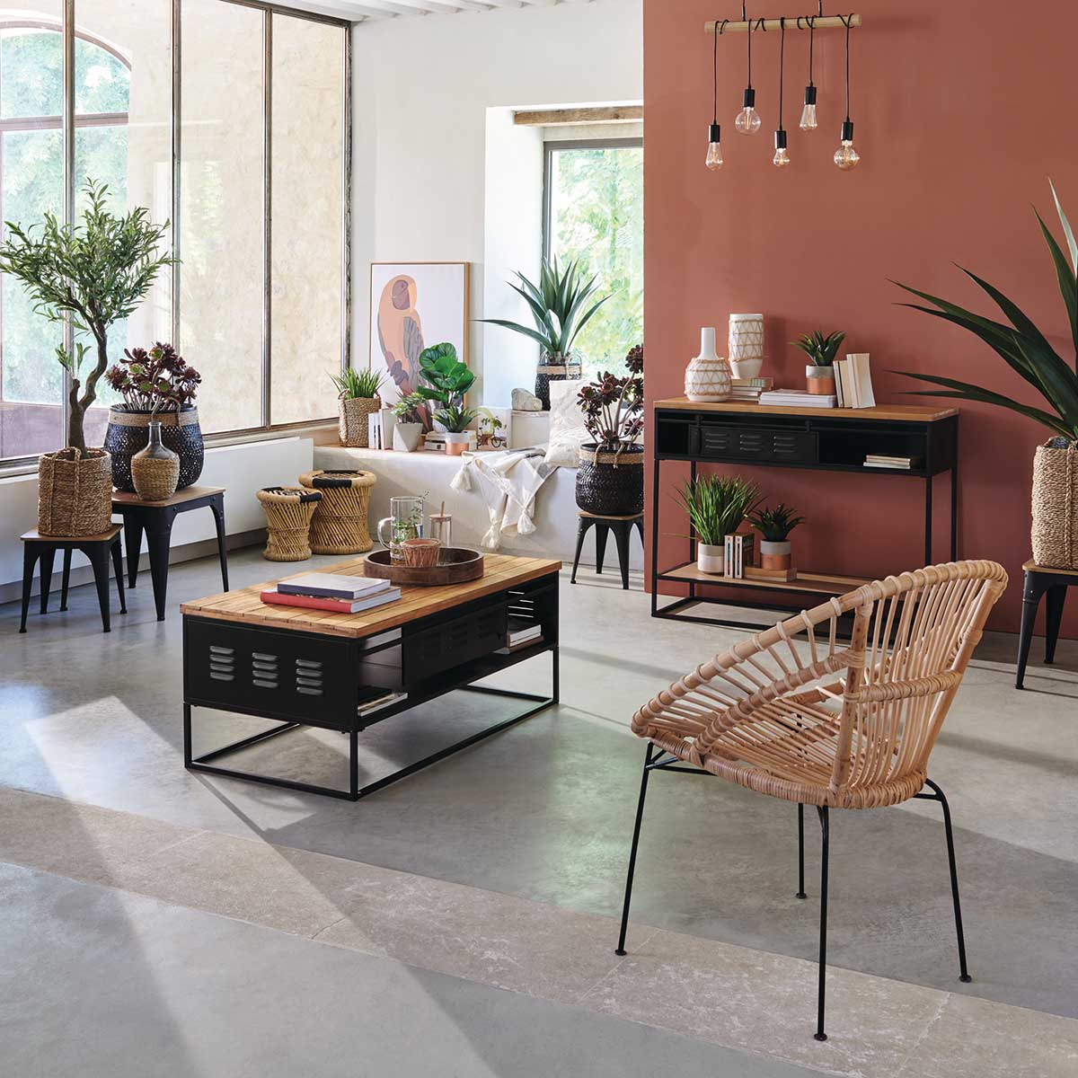 Candeeiro de teto jake para 5 lâmpadas em metal e pinho