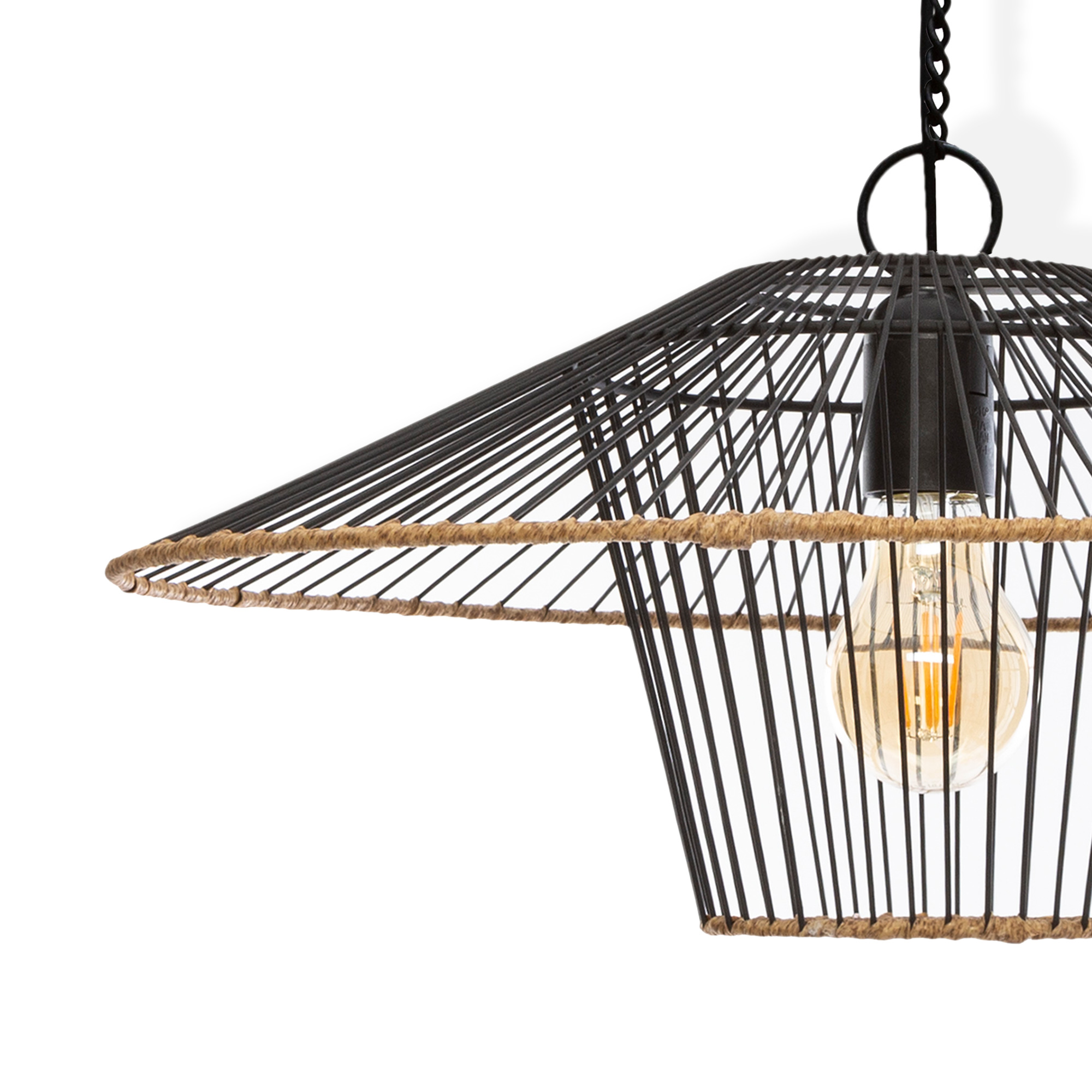 Suspens&atilde;o Preta Em Metal E Rattan