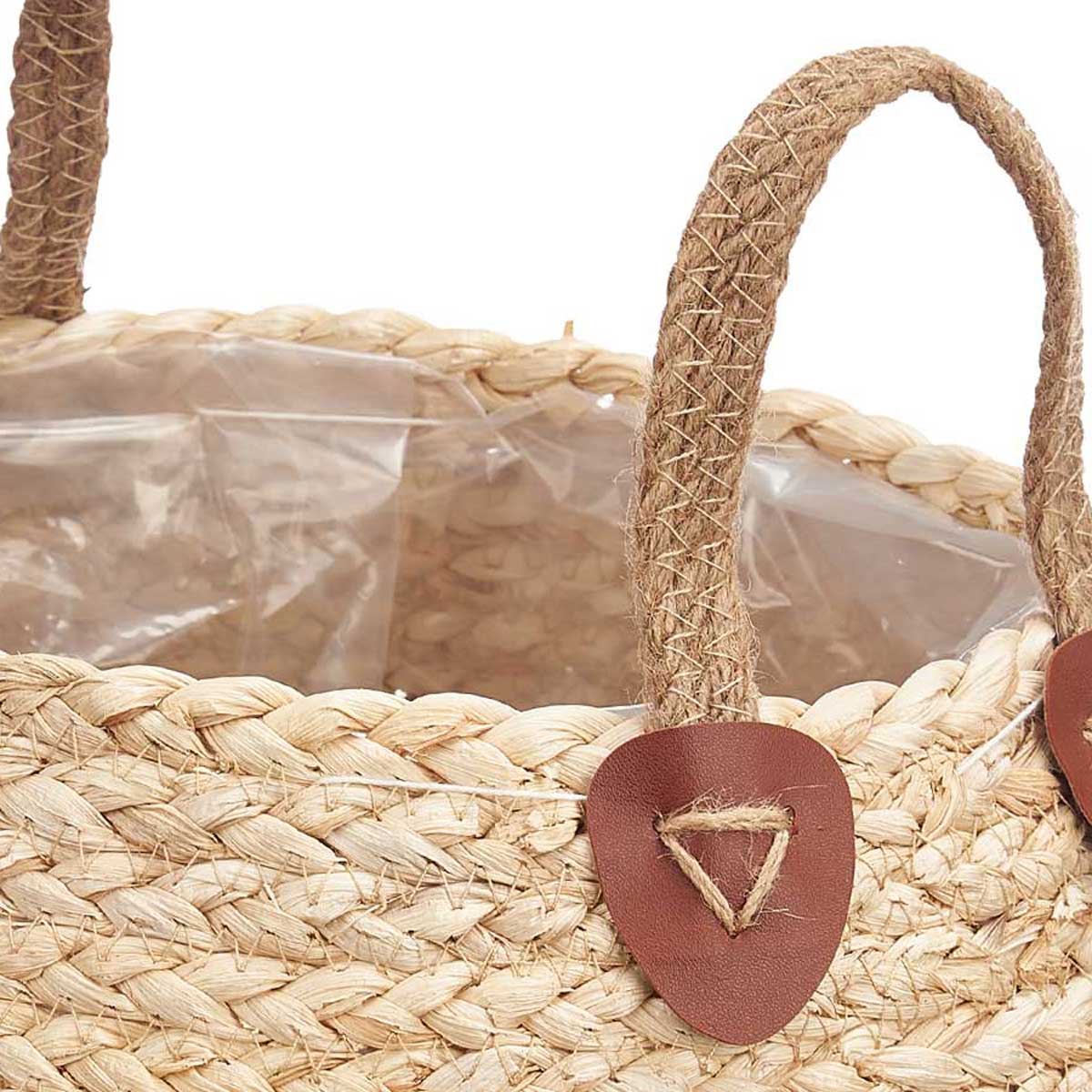 Cesto em r&aacute;fia bege e castanho 30cm