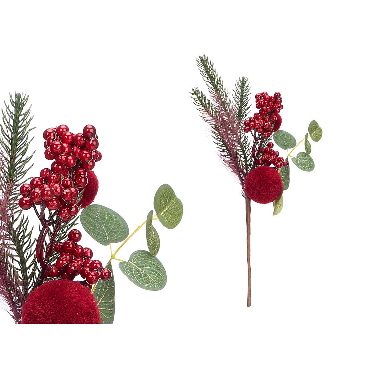 Haste eucalipto com bagas e pompons 35cm