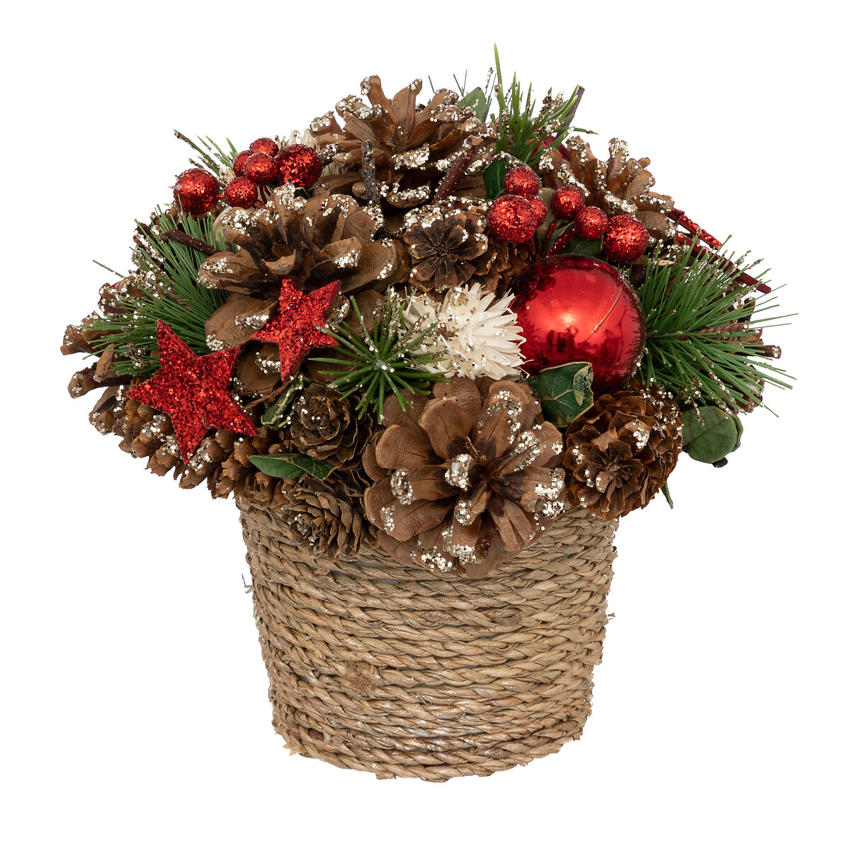Vaso decorativo em ráfia com pinhas e estrelas 19cm,  Vaso decorativo em ráfia com pinhas e estrelas 19cm