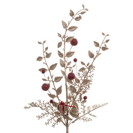 Haste Com Folhas Douradas E Bagas Vermelhas 75cm