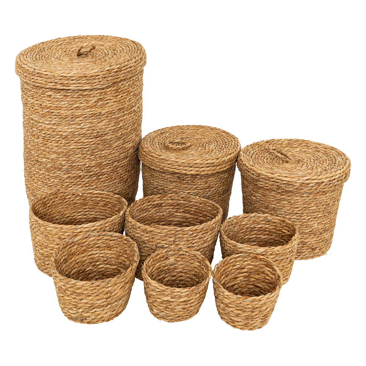 Conjunto de 9 cestos em r&aacute;fia bege LIT